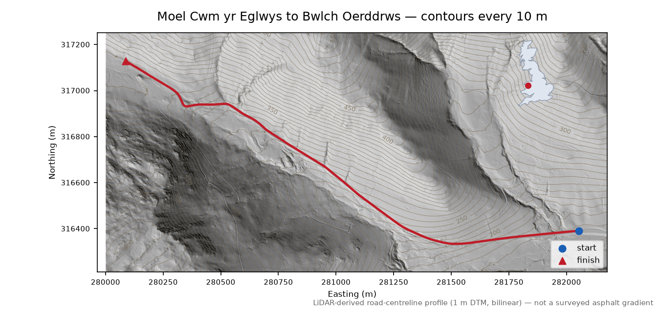 Moel Cwm yr Eglwys to Bwlch Oerddrws LiDAR hillshade map with contours