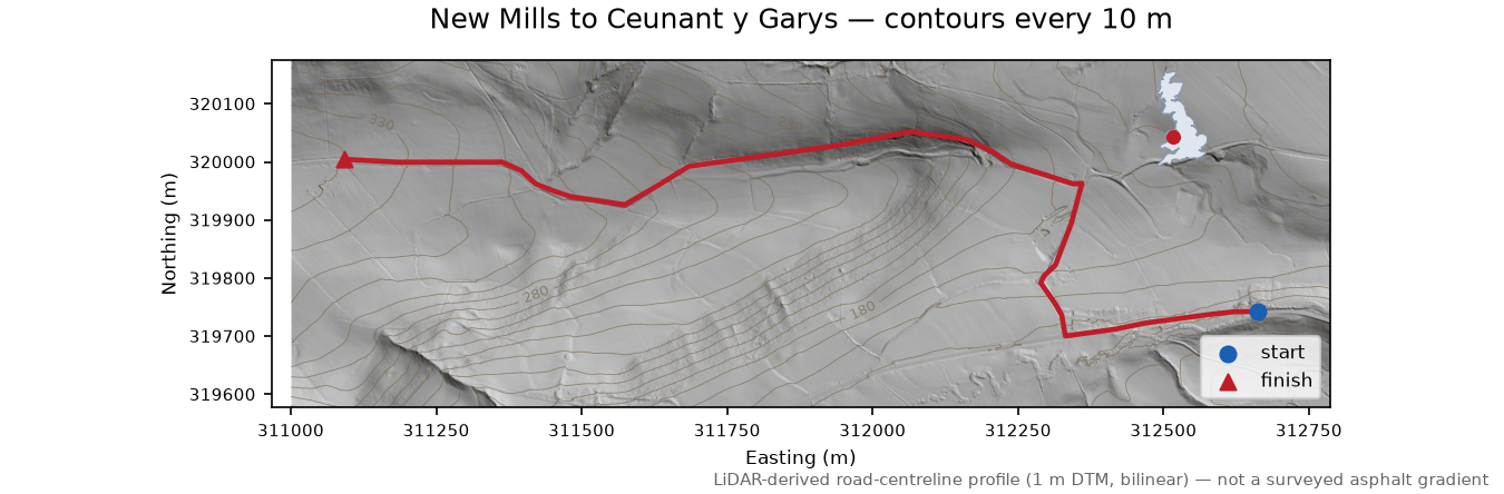 New Mills to Ceunant y Garys LiDAR hillshade map with contours