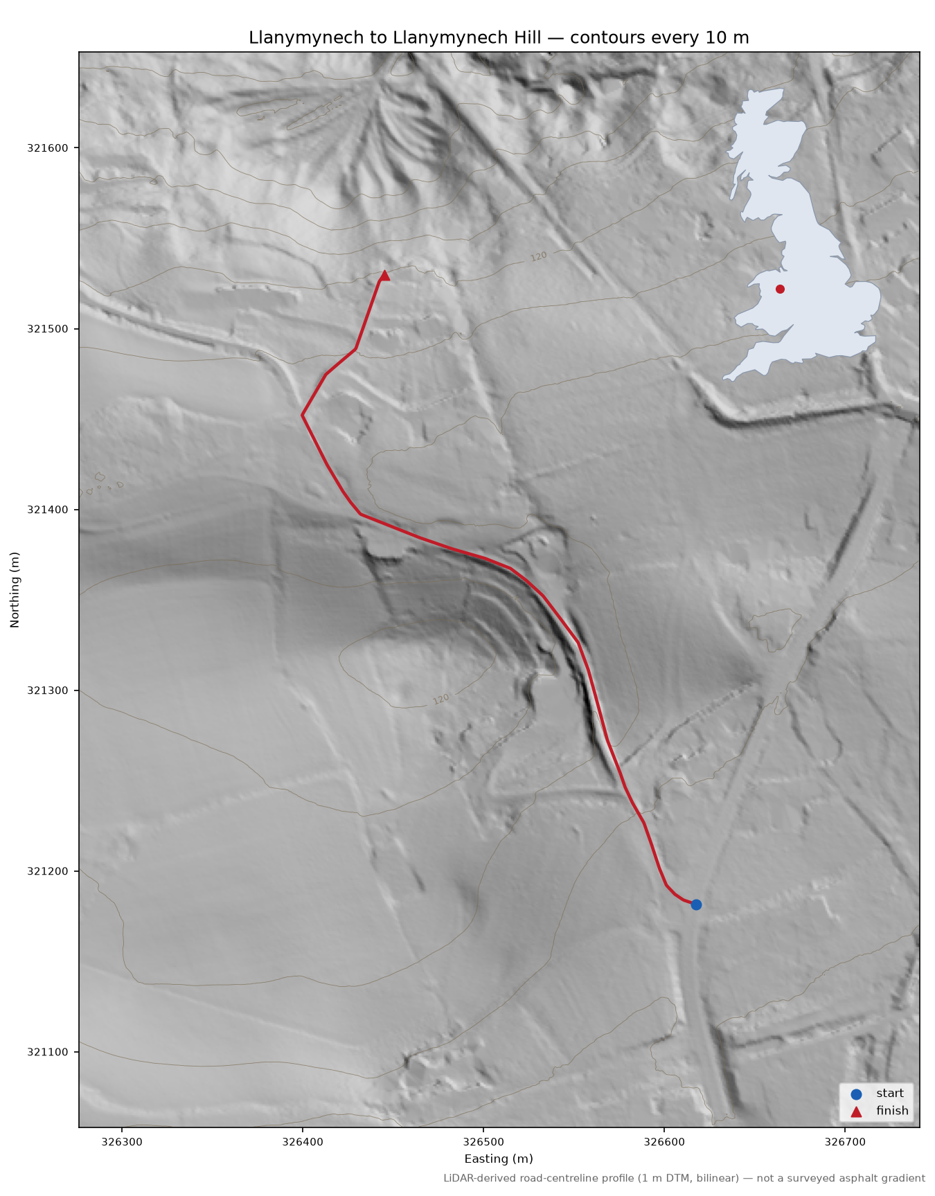 Llanymynech to Llanymynech Hill LiDAR hillshade map with contours