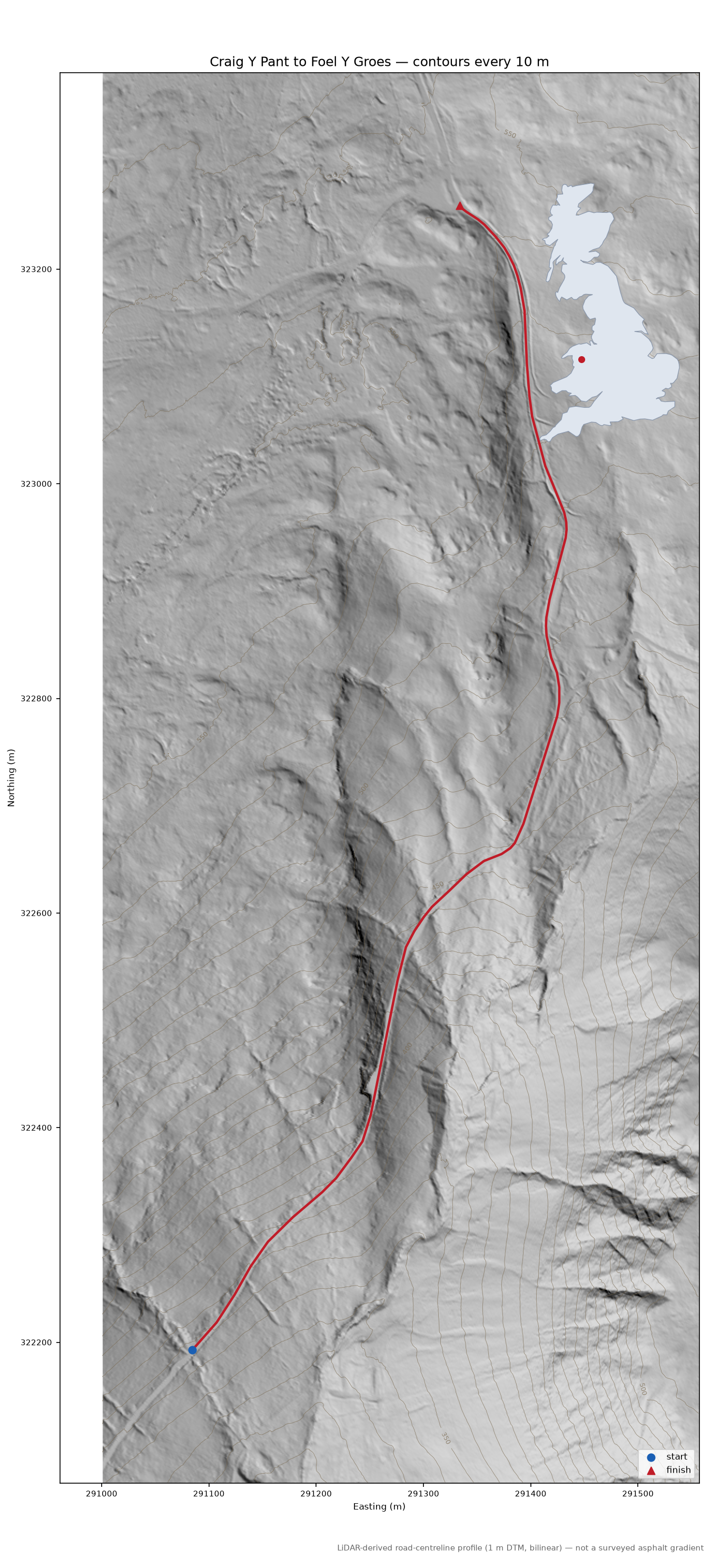 Craig Y Pant to Foel Y Groes LiDAR hillshade map with contours