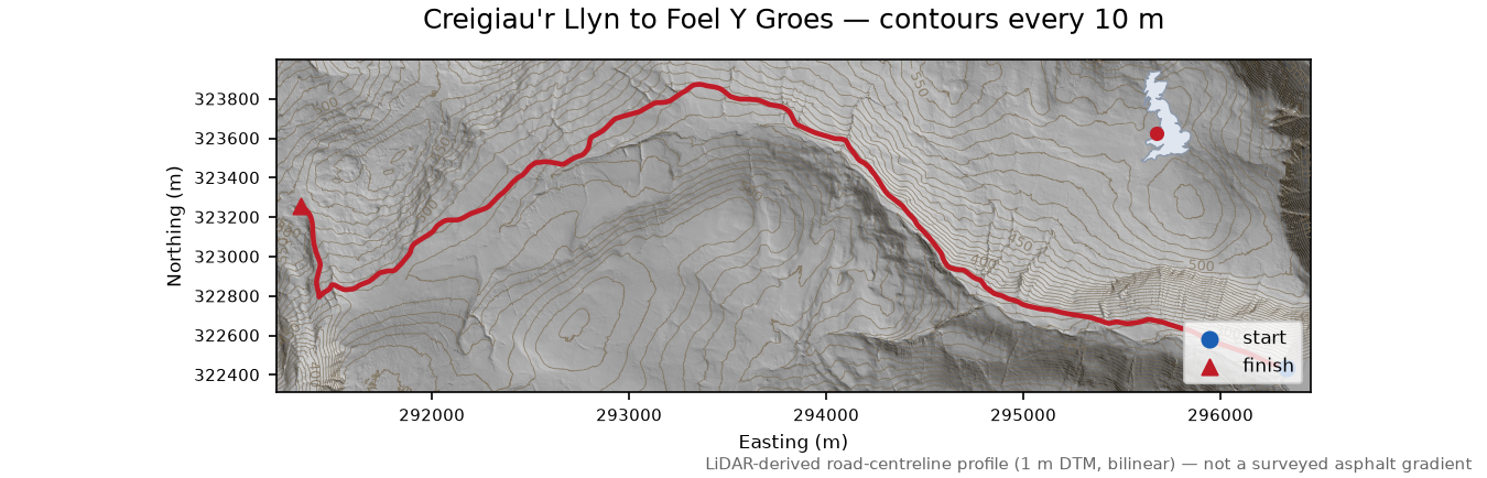 Creigiau'r Llyn to Foel Y Groes LiDAR hillshade map with contours