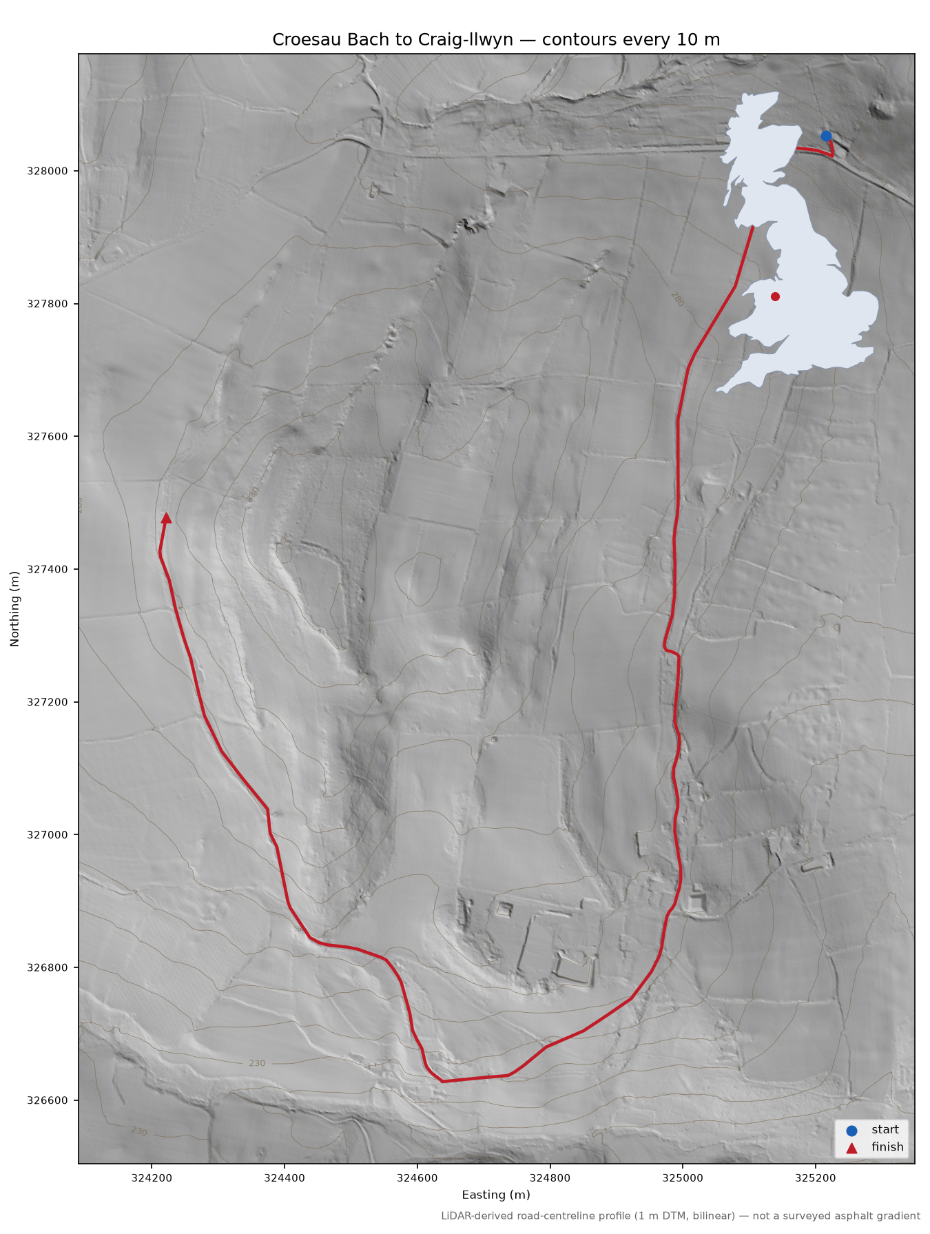 Croesau Bach to Craig-llwyn LiDAR hillshade map with contours