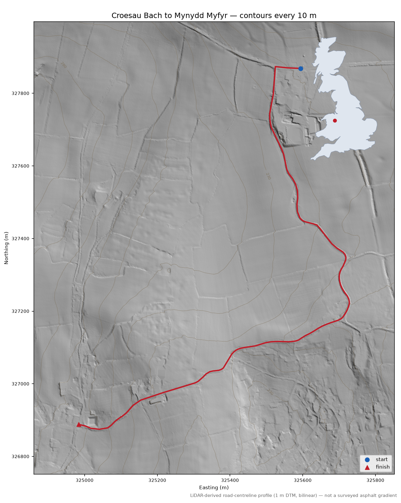 Croesau Bach to Mynydd Myfyr LiDAR hillshade map with contours