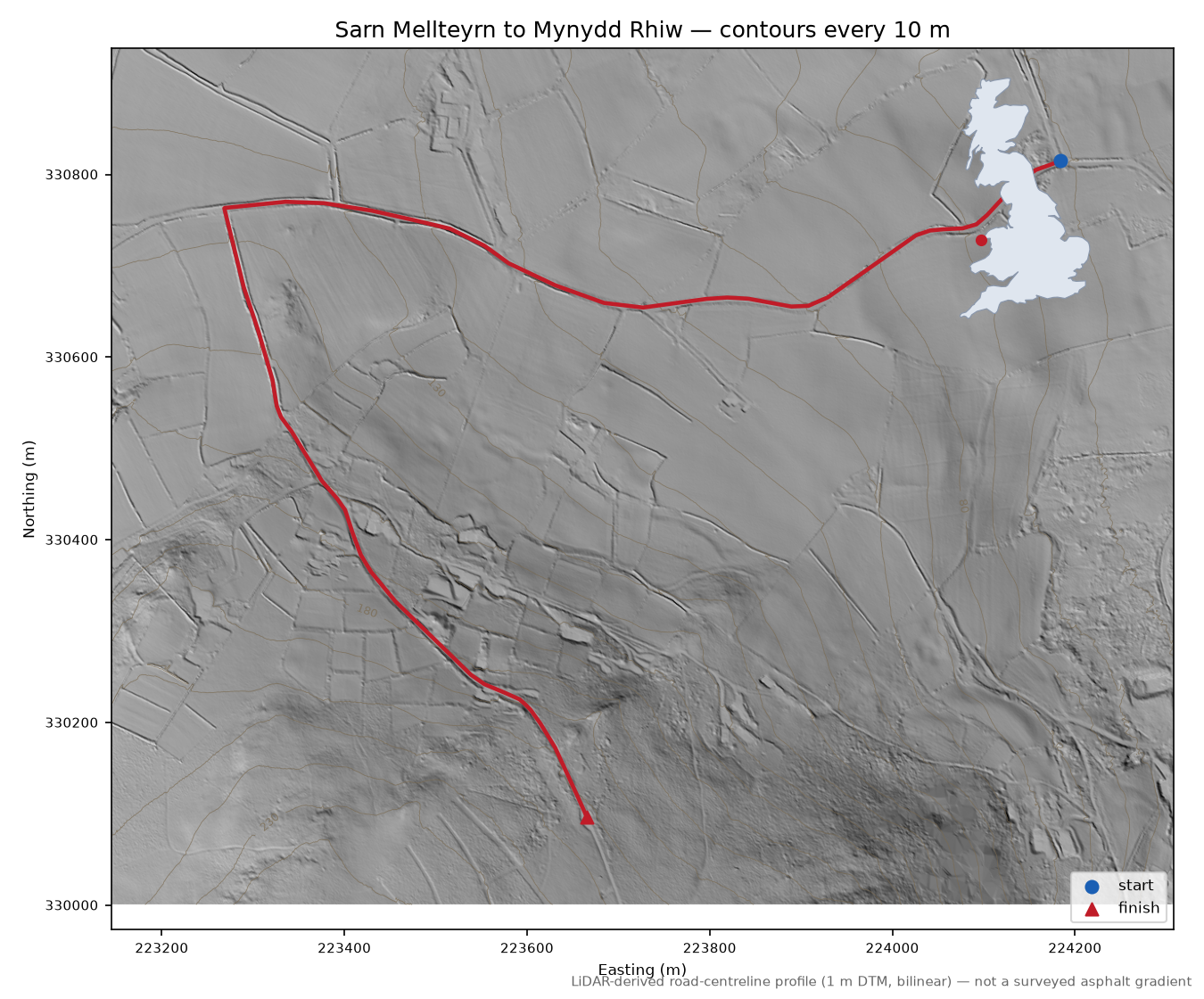 Sarn Mellteyrn to Mynydd Rhiw LiDAR hillshade map with contours