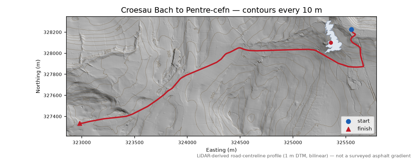Croesau Bach to Pentre-cefn LiDAR hillshade map with contours