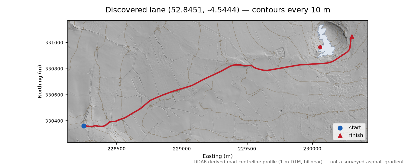 Pen-y-Bryn to Foel Gron LiDAR hillshade map with contours