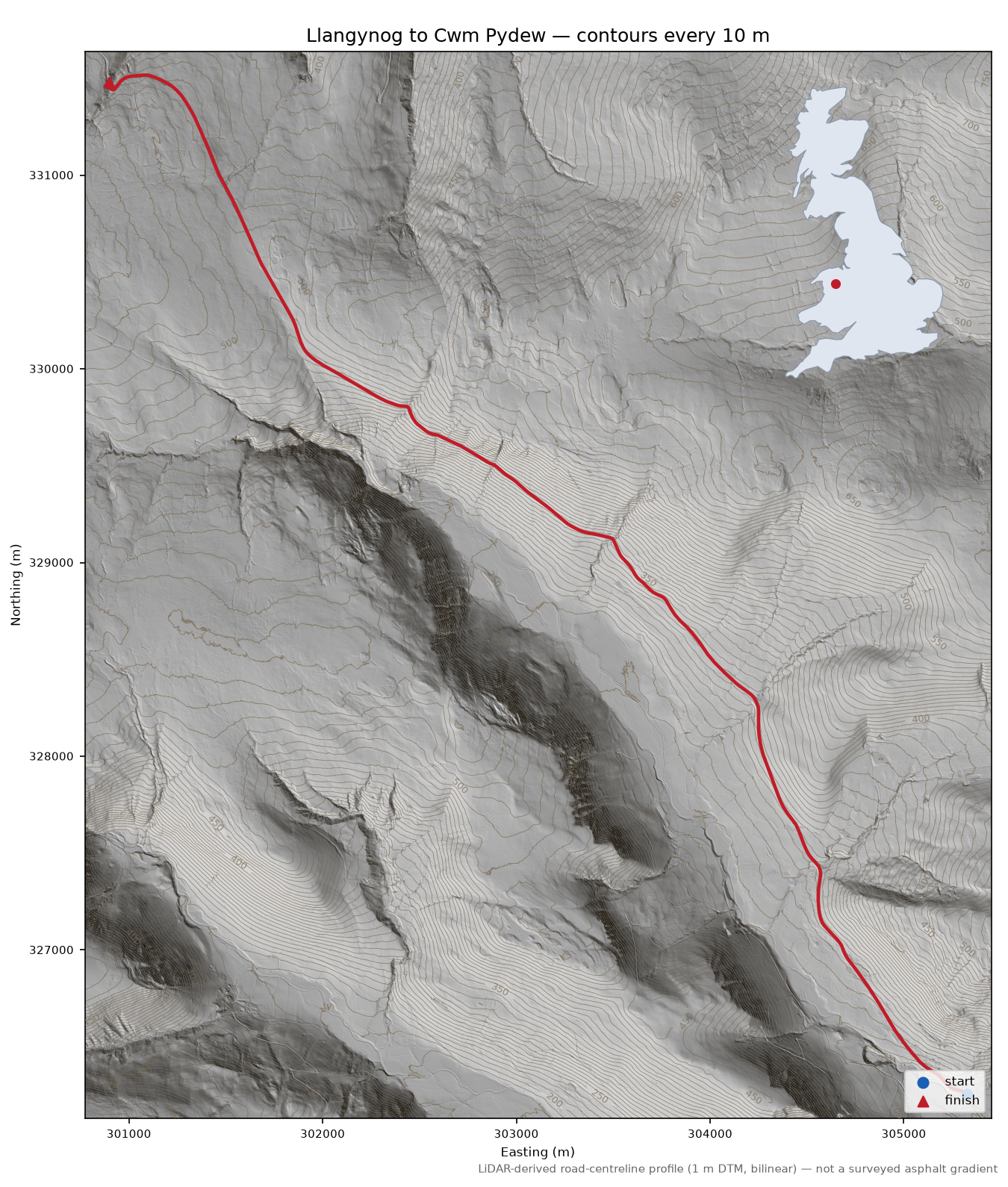 Llangynog to Cwm Pydew LiDAR hillshade map with contours