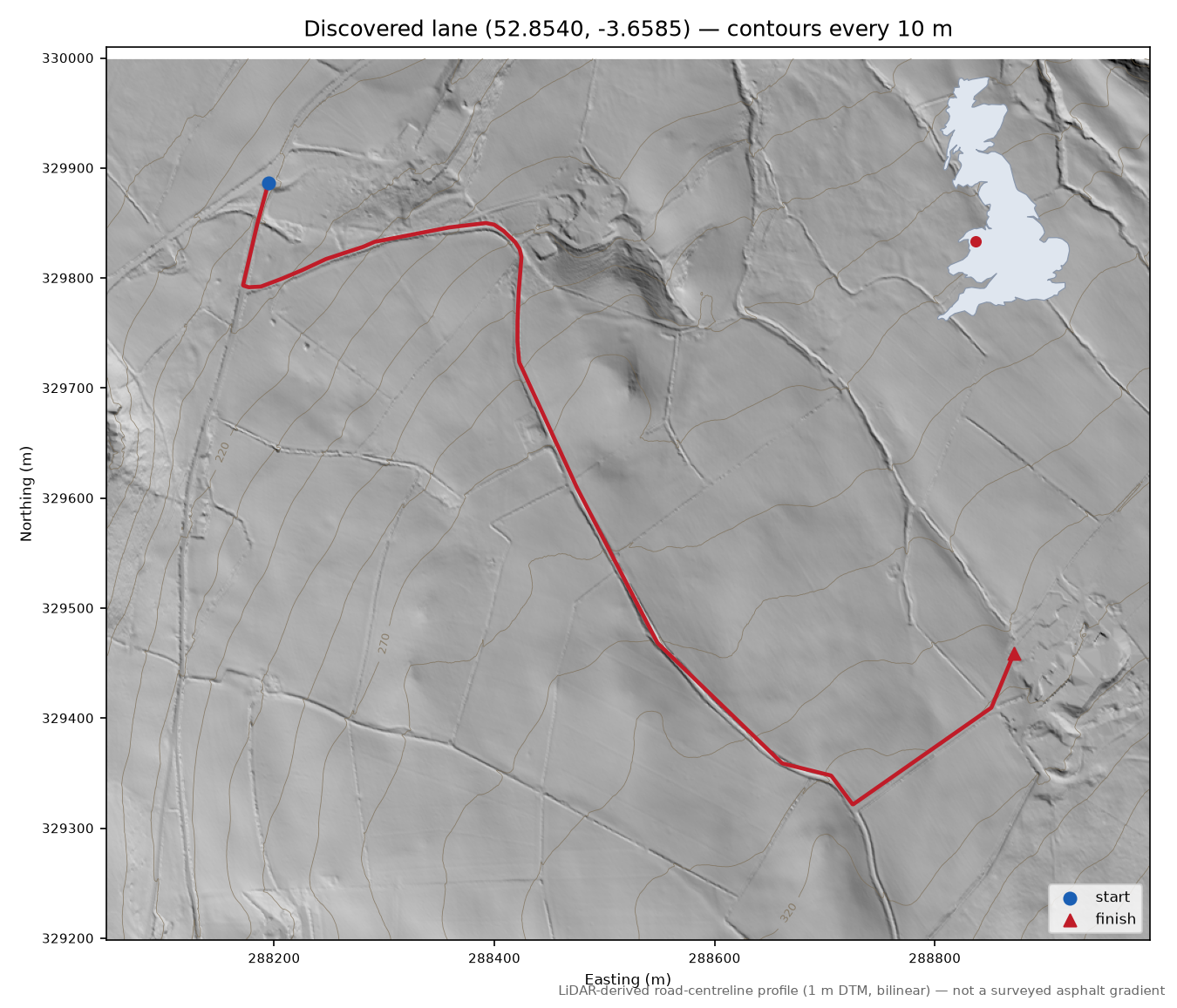 Pandy to Pen y Gyrn LiDAR hillshade map with contours
