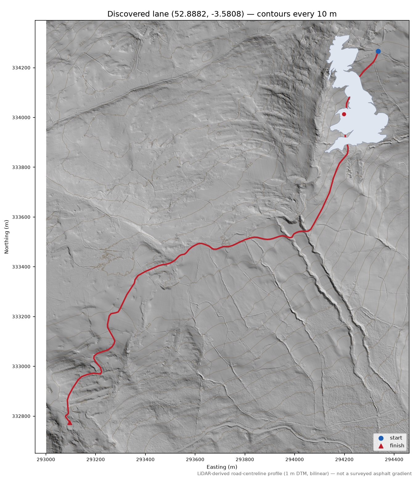 Rhos-y-gwaliau to Is-Afon LiDAR hillshade map with contours