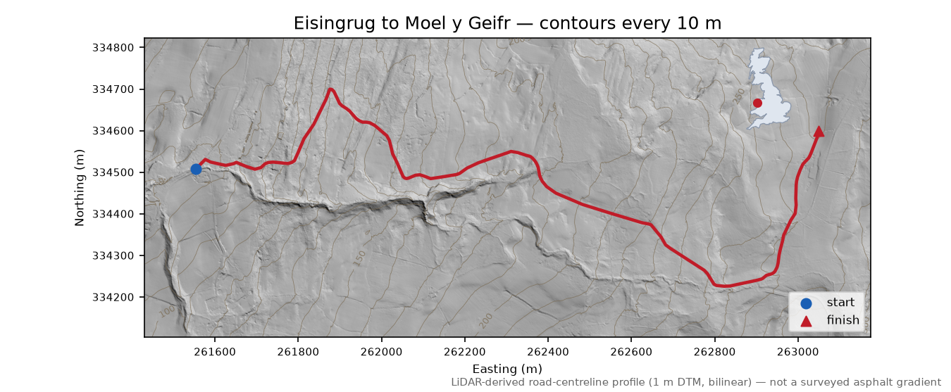 Eisingrug to Moel y Geifr LiDAR hillshade map with contours