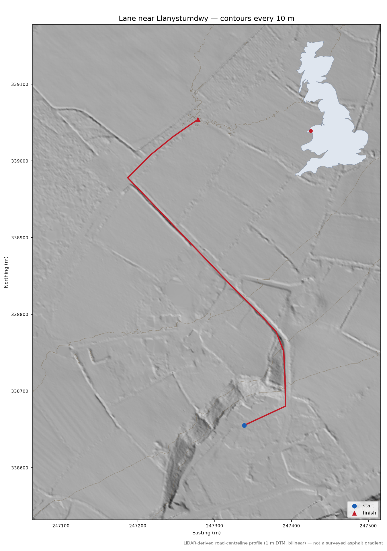 Lane near Llanystumdwy LiDAR hillshade map with contours