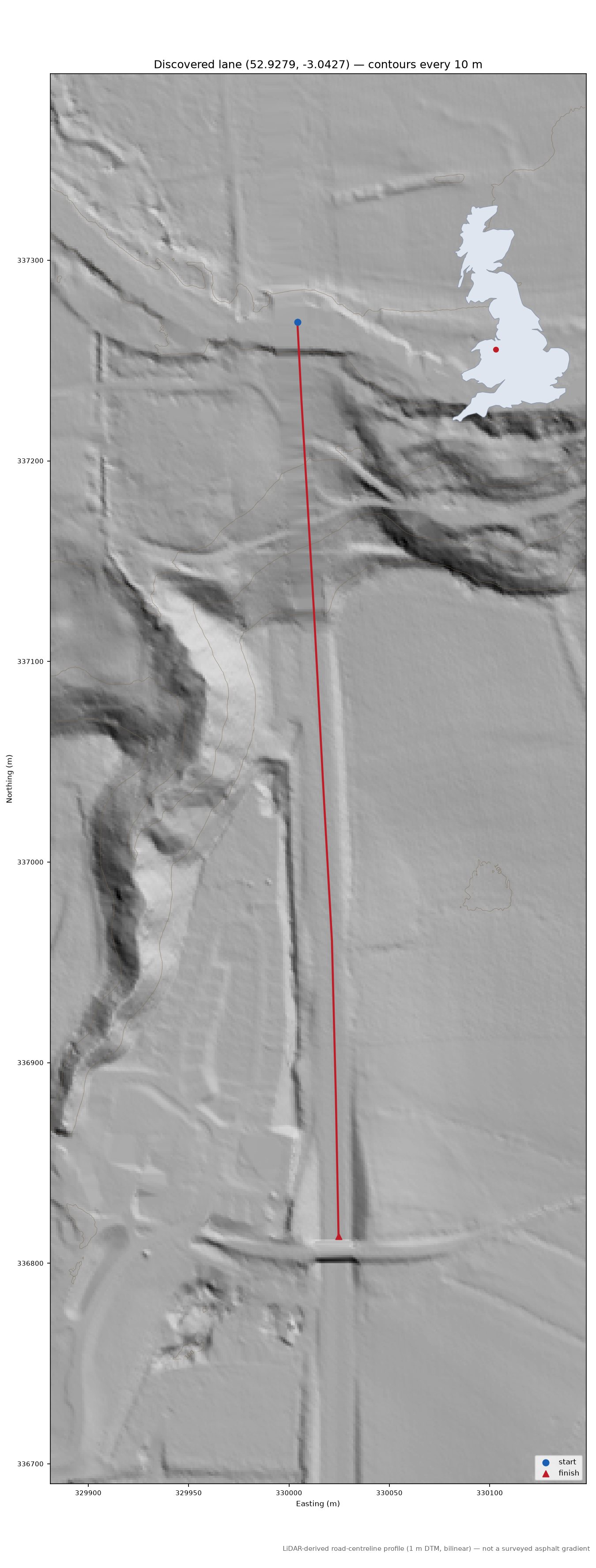 Lane near Gledrid LiDAR hillshade map with contours