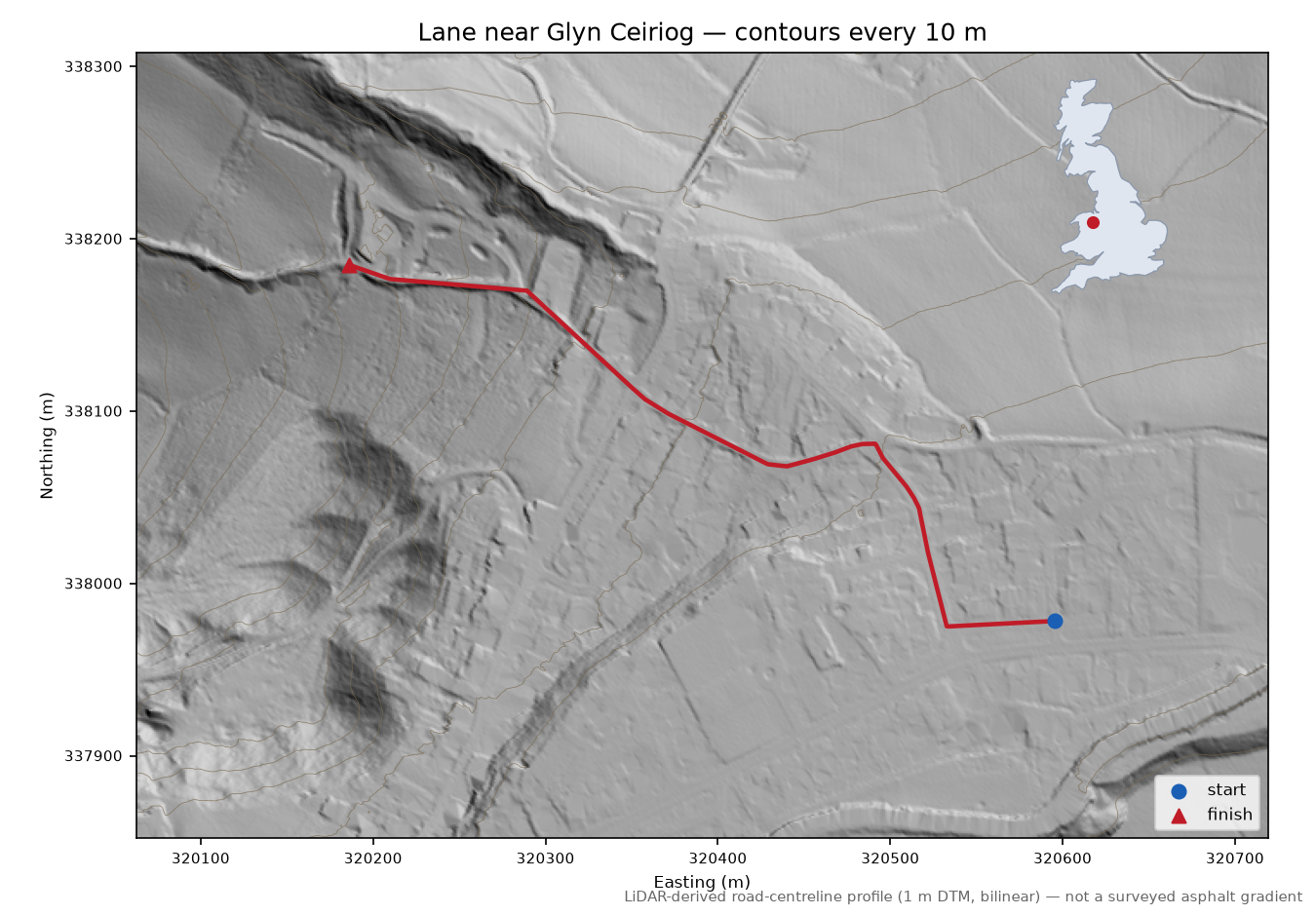 Lane near Glyn Ceiriog LiDAR hillshade map with contours