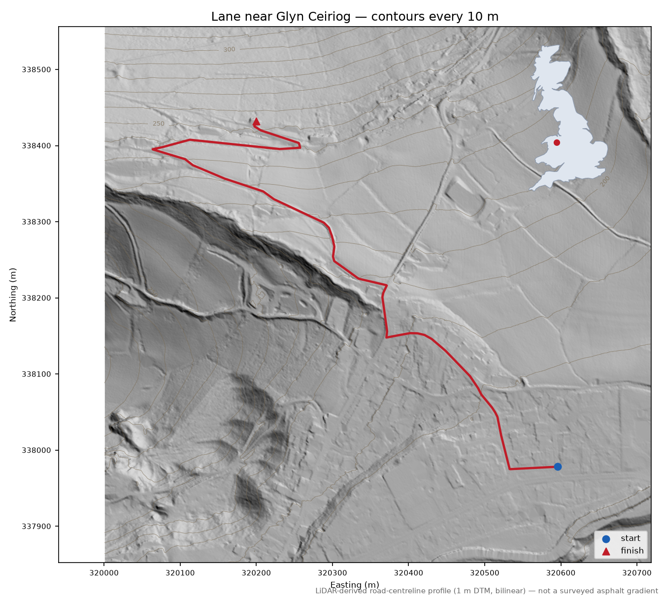 Lane near Glyn Ceiriog LiDAR hillshade map with contours