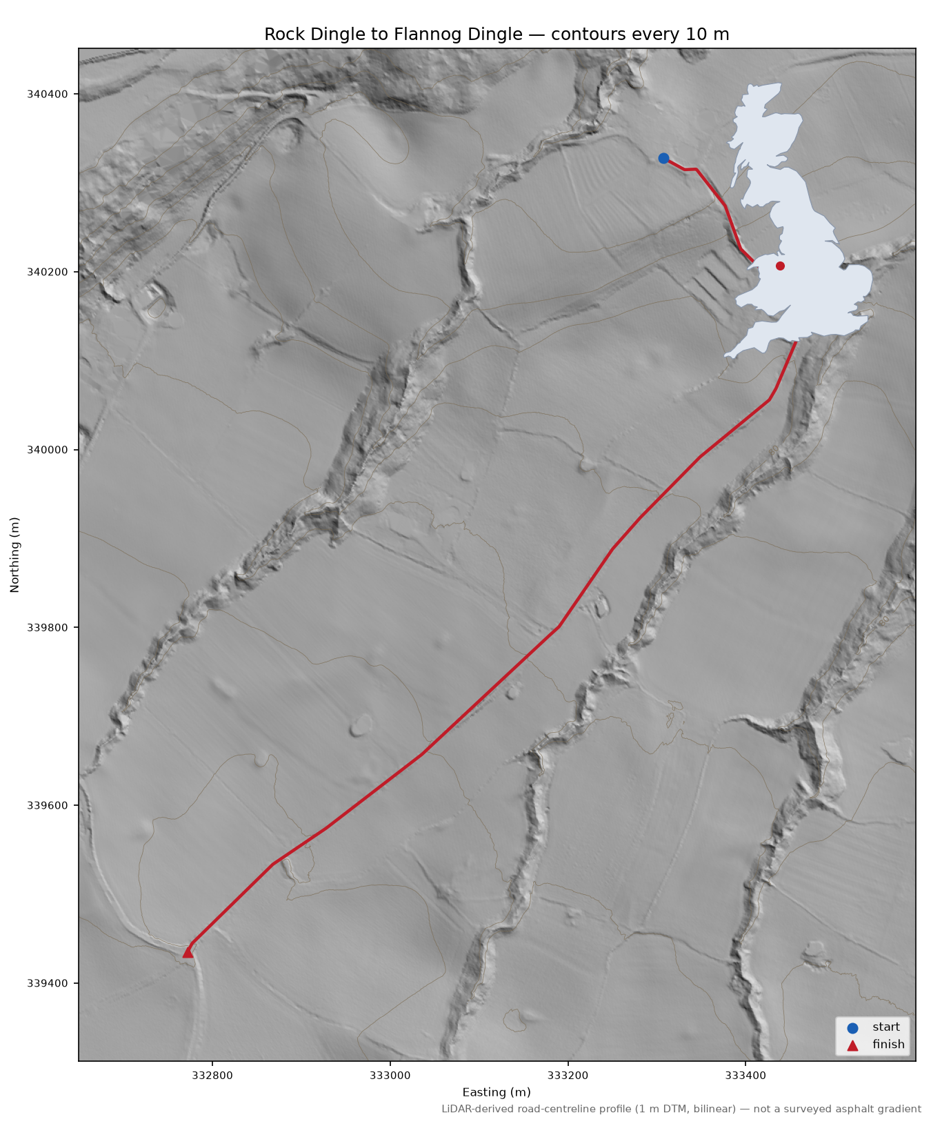 Rock Dingle to Flannog Dingle LiDAR hillshade map with contours