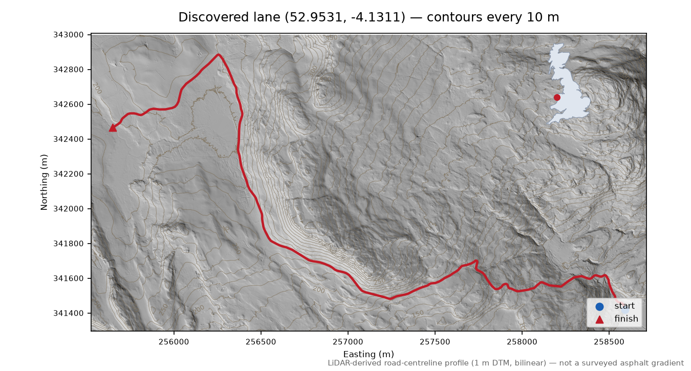 Prenteg to Cwm Ystradllyn LiDAR hillshade map with contours