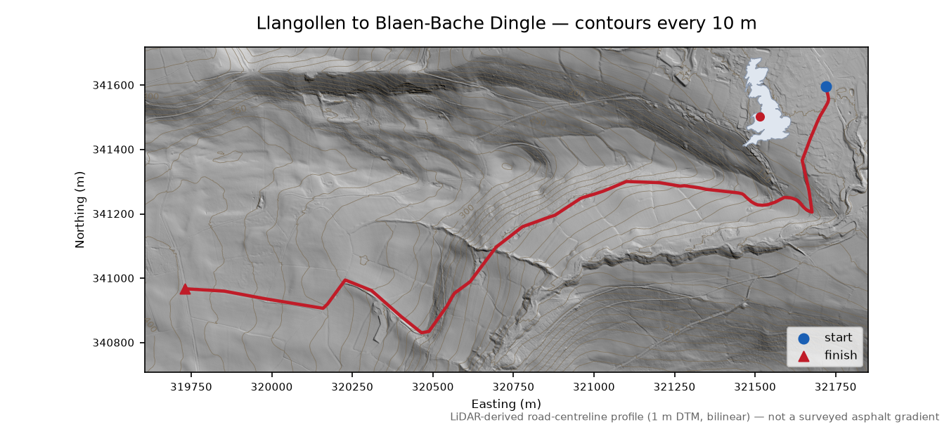Llangollen to Blaen-Bache Dingle LiDAR hillshade map with contours
