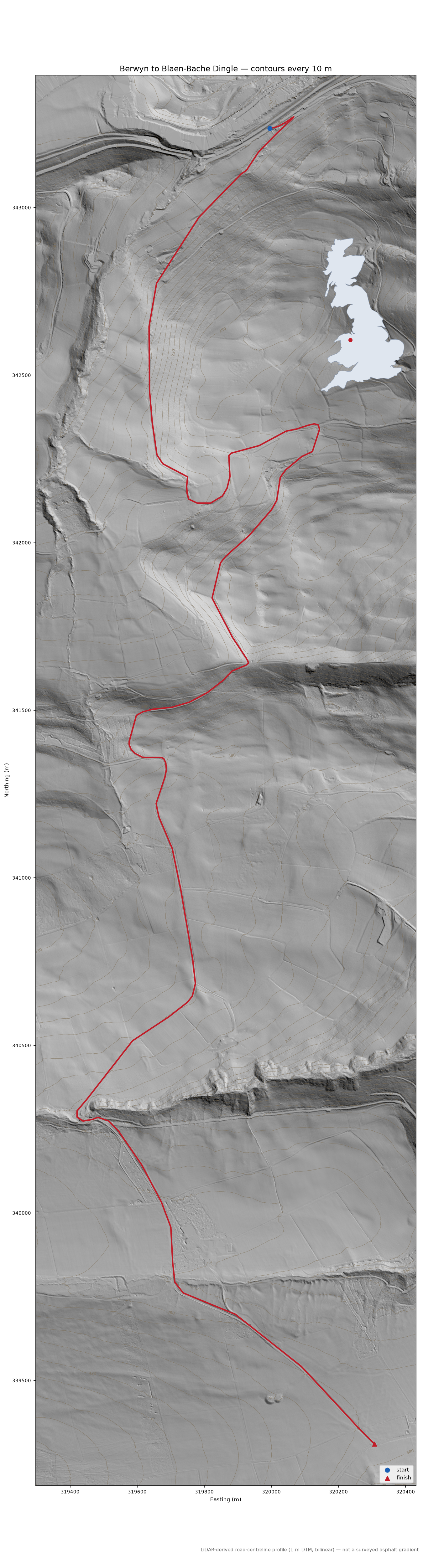 Berwyn to Blaen-Bache Dingle LiDAR hillshade map with contours
