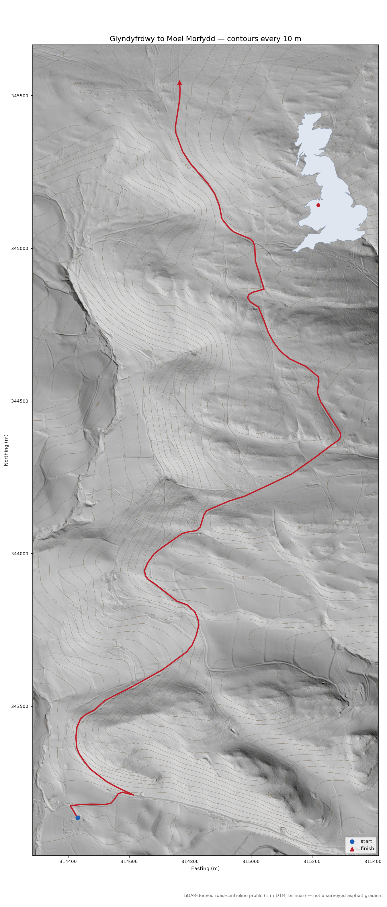 Glyndyfrdwy to Moel Morfydd LiDAR hillshade map with contours