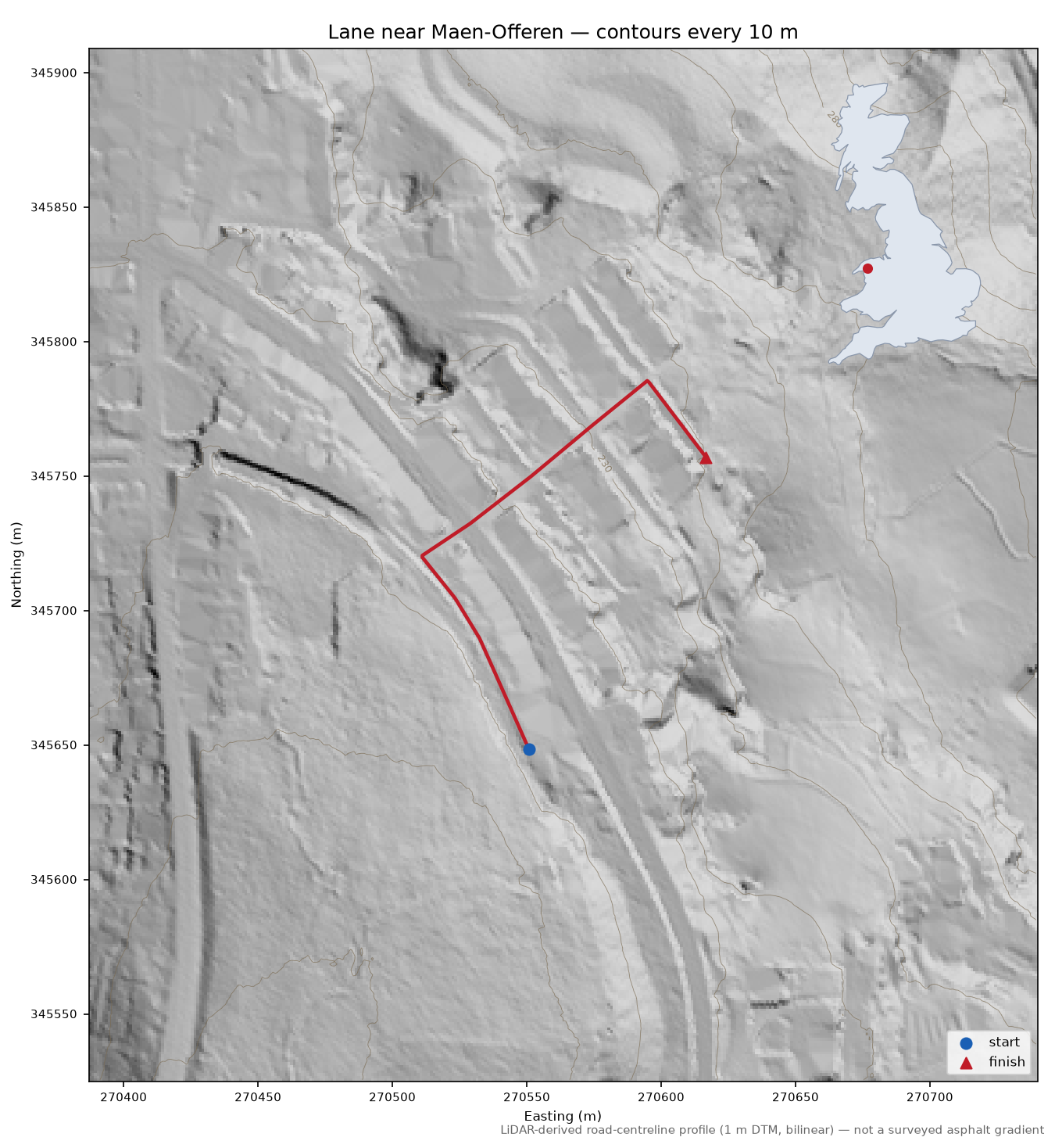 Lane near Maen-Offeren LiDAR hillshade map with contours