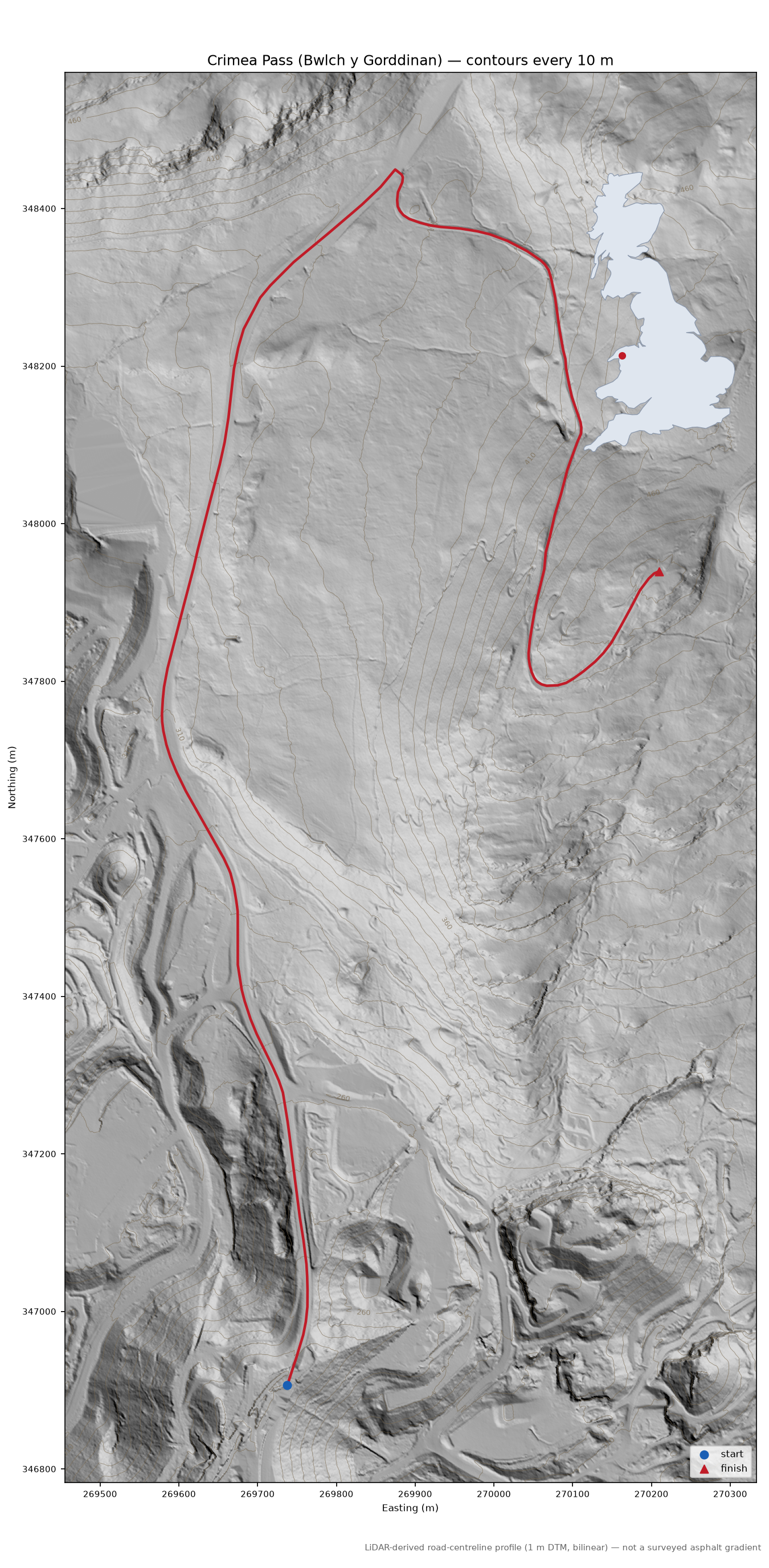 Crimea Pass (Bwlch y Gorddinan) LiDAR hillshade map with contours