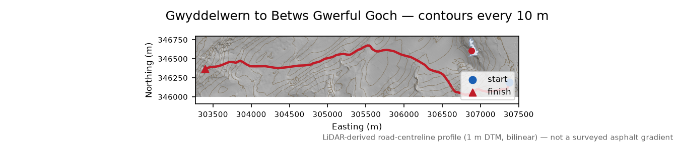 Gwyddelwern to Betws Gwerful Goch LiDAR hillshade map with contours