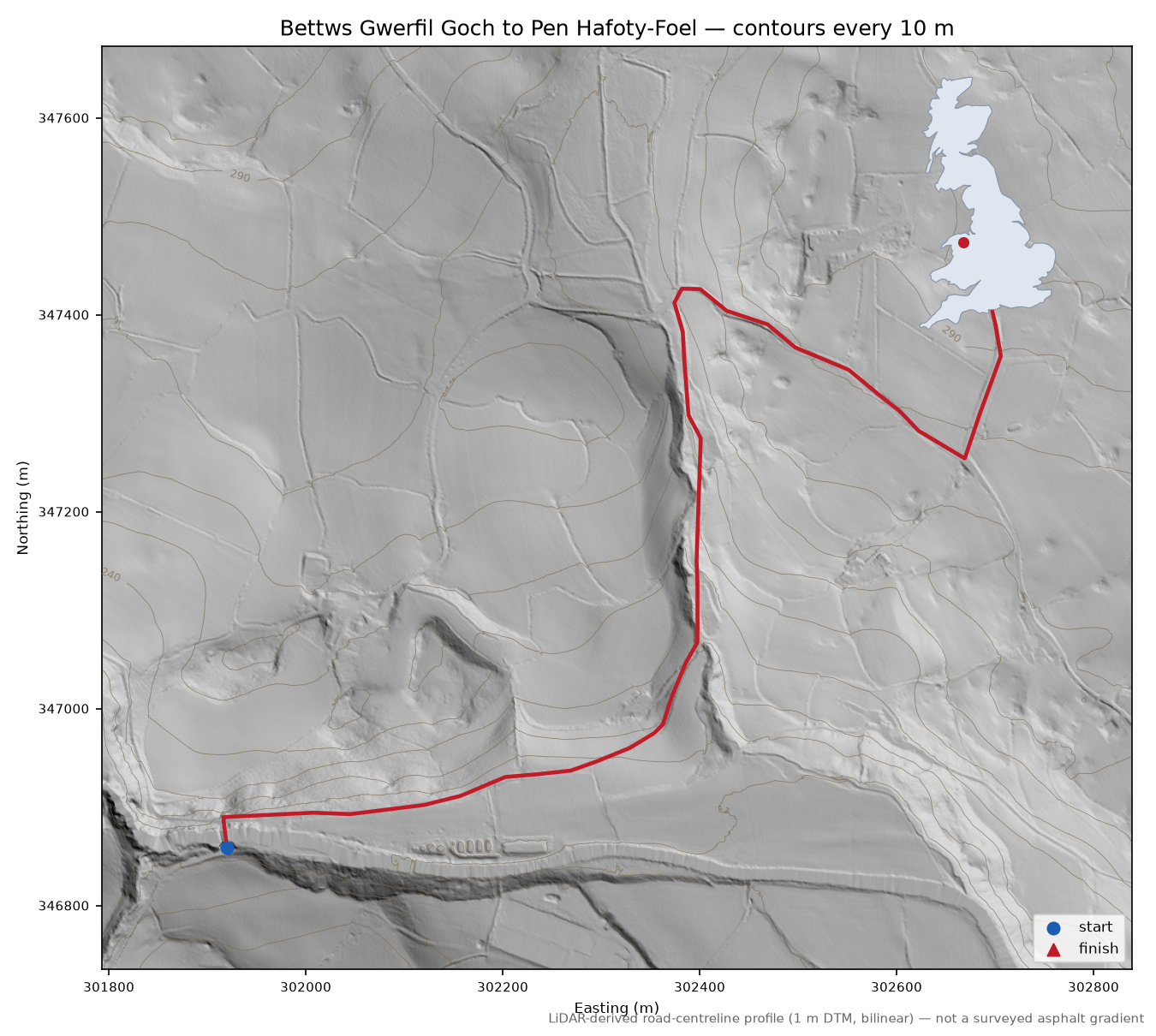 Bettws Gwerfil Goch to Pen Hafoty-Foel LiDAR hillshade map with contours