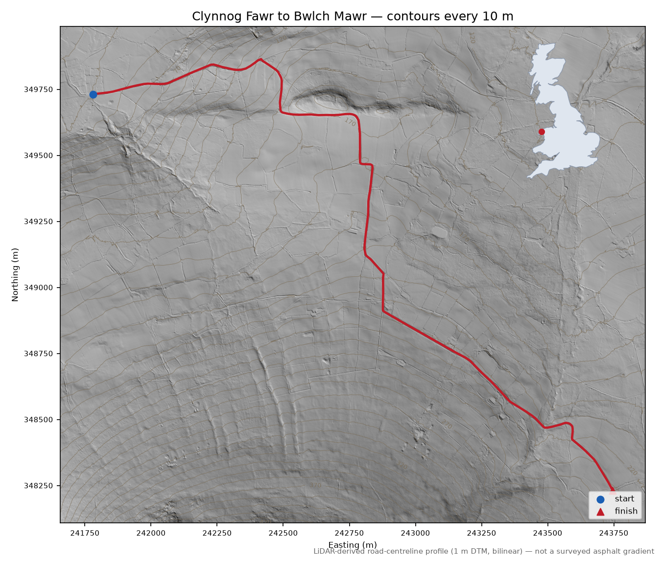 Clynnog Fawr to Bwlch Mawr LiDAR hillshade map with contours
