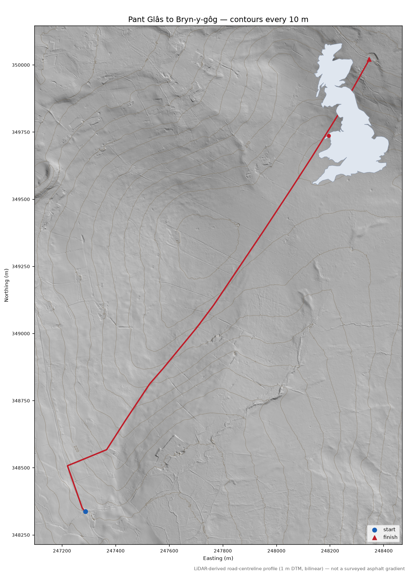 Pant Glâs to Bryn-y-gôg LiDAR hillshade map with contours