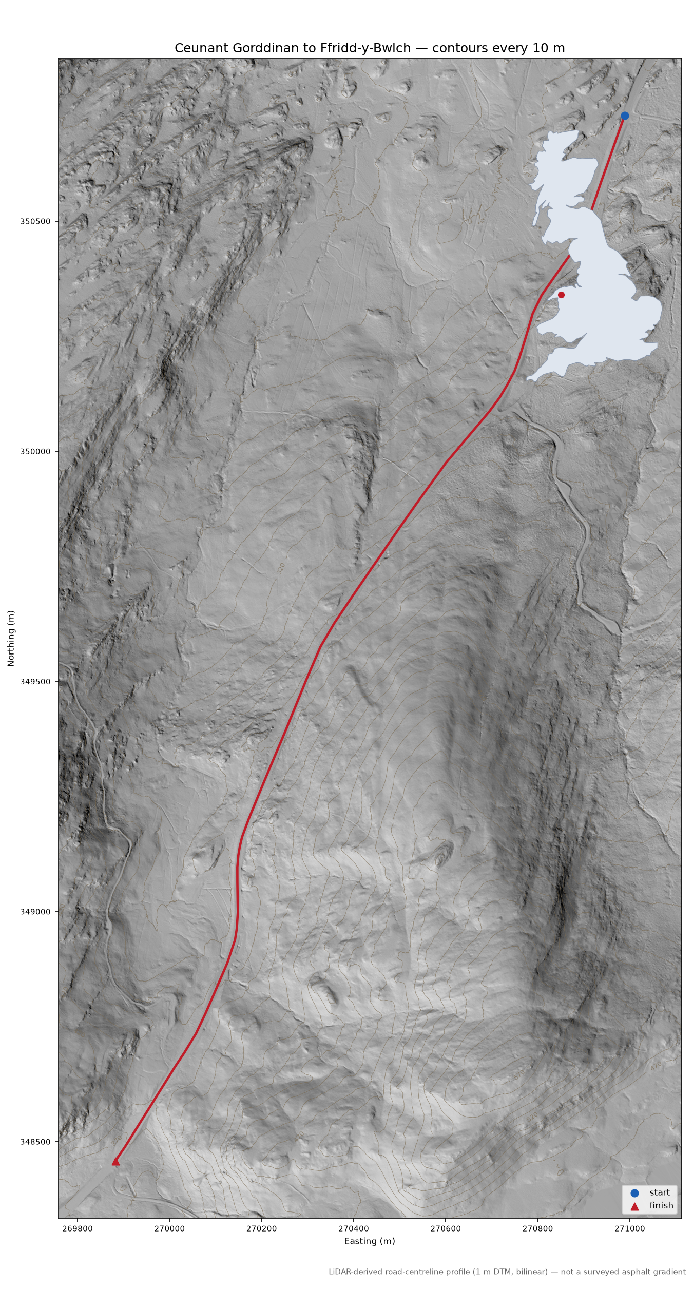 Ceunant Gorddinan to Ffridd-y-Bwlch LiDAR hillshade map with contours