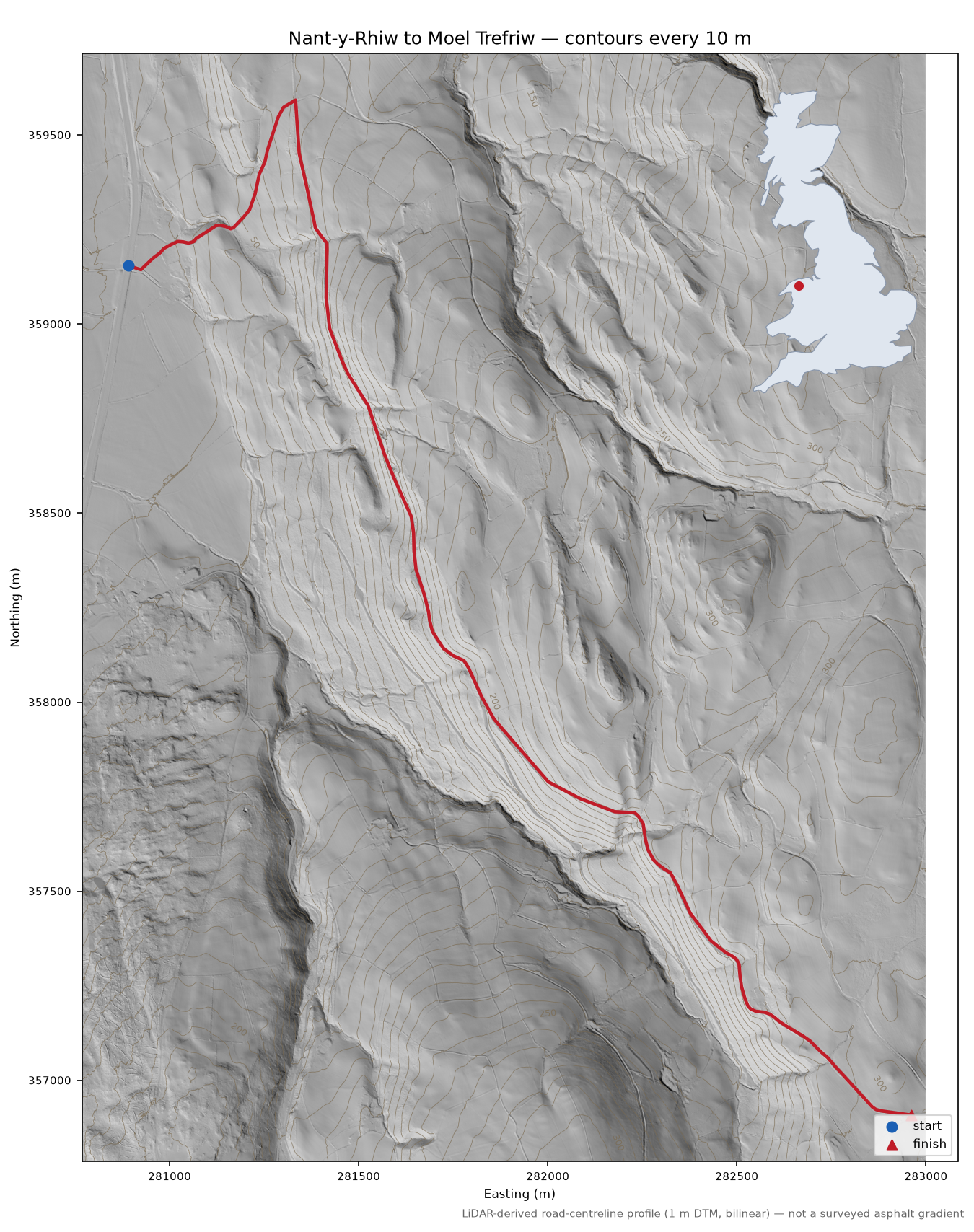 Nant-y-Rhiw to Moel Trefriw LiDAR hillshade map with contours