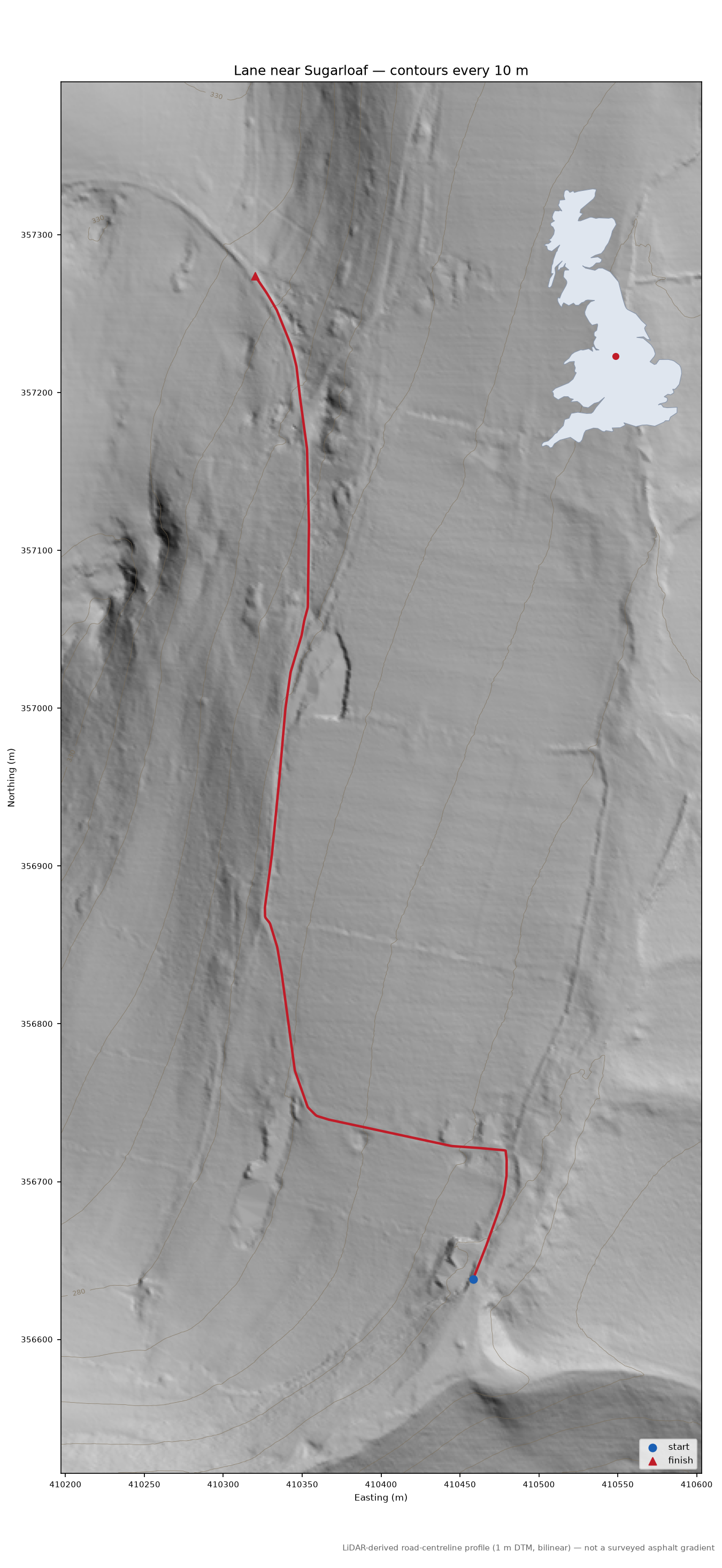 Lane near Sugarloaf LiDAR hillshade map with contours