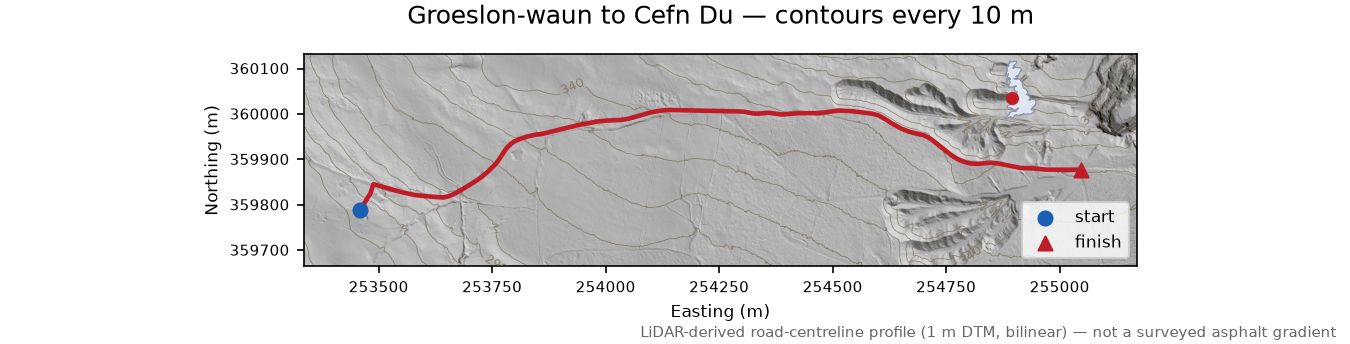 Groeslon-waun to Cefn Du LiDAR hillshade map with contours