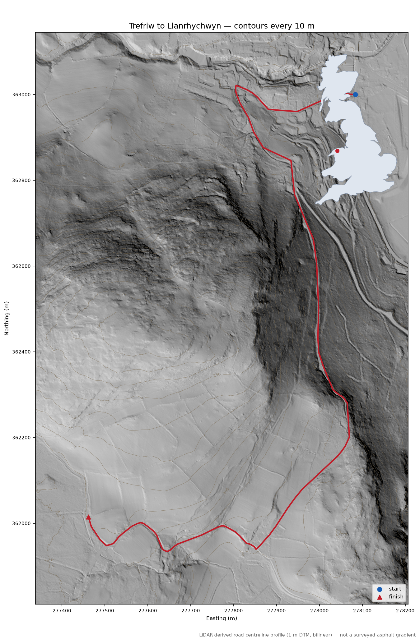 Trefriw to Llanrhychwyn LiDAR hillshade map with contours