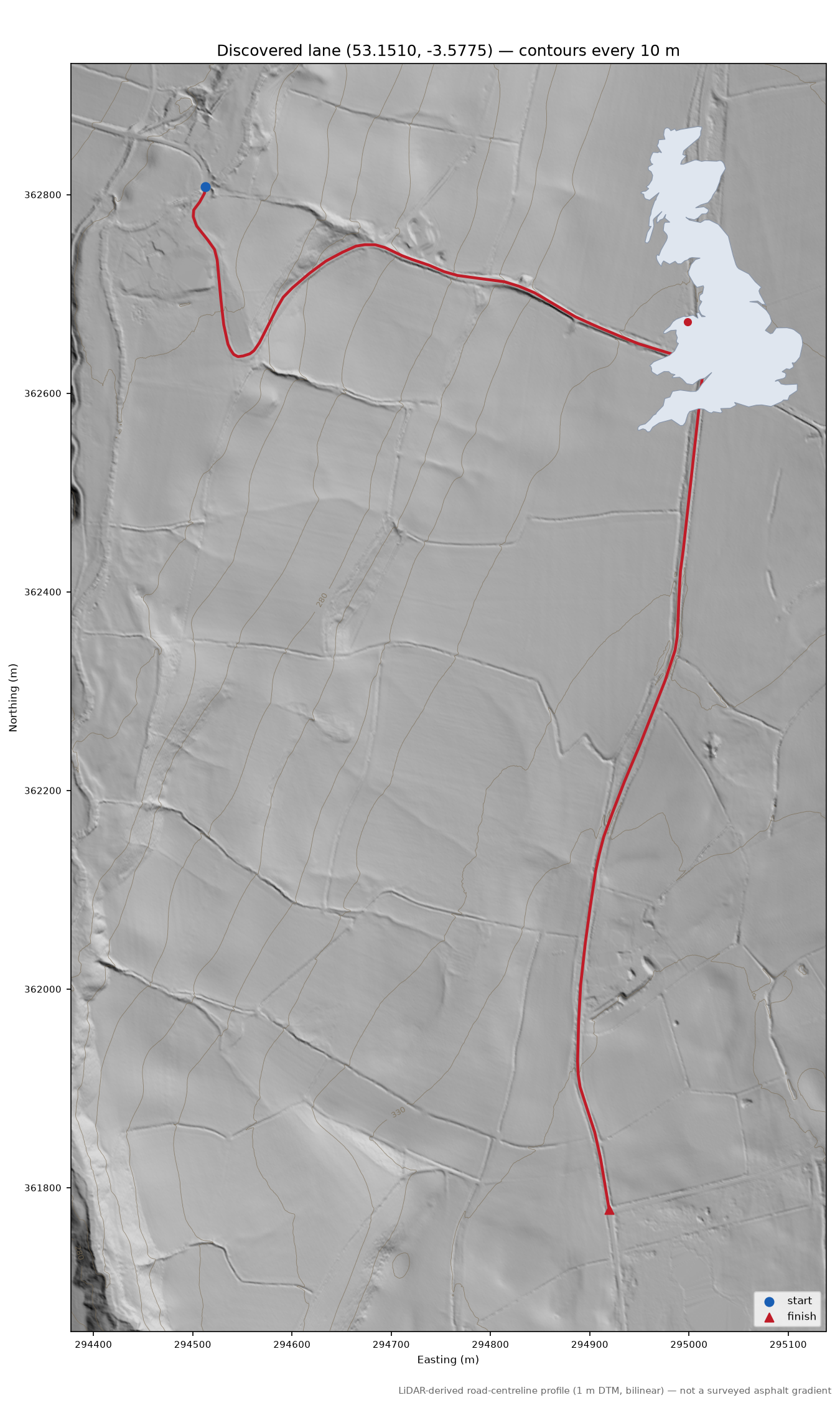 Pen Gwern-Llifion to Moel Grugoer LiDAR hillshade map with contours