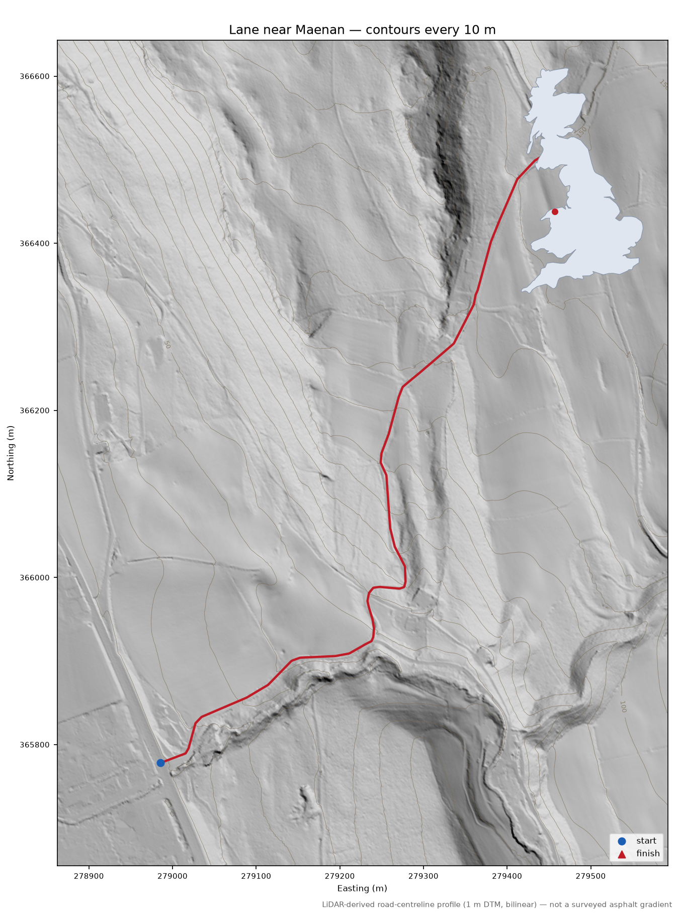 Lane near Maenan LiDAR hillshade map with contours