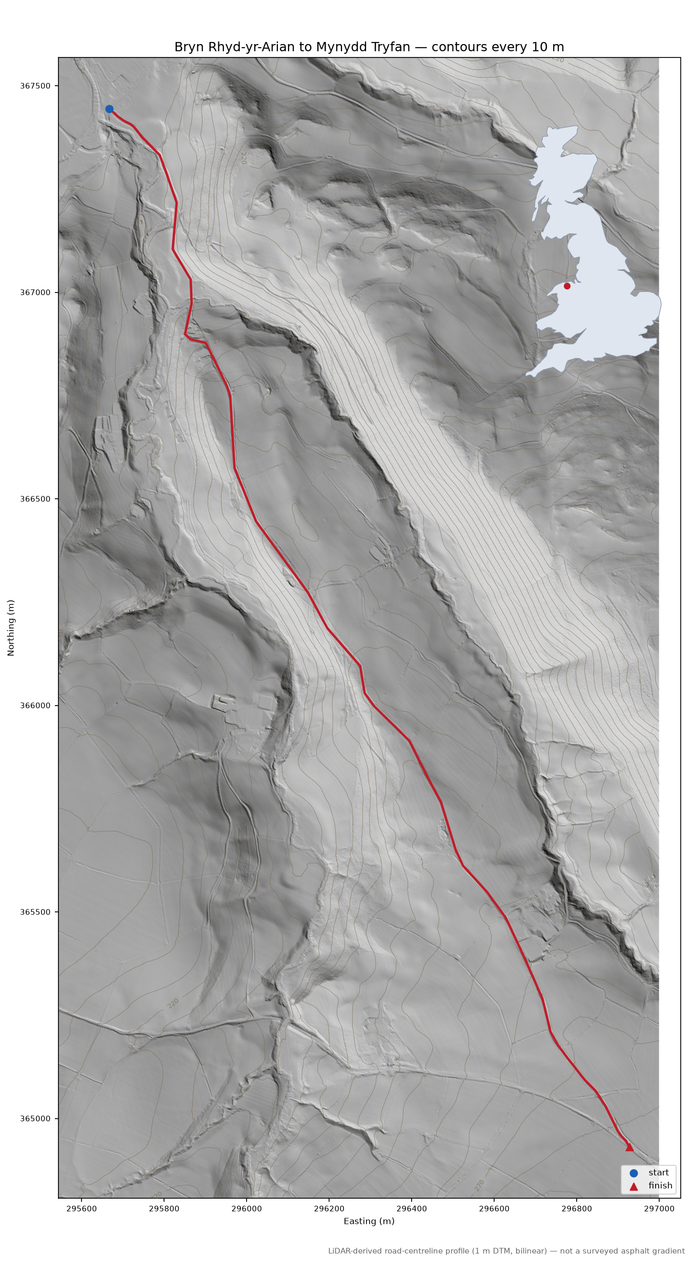 Bryn Rhyd-yr-Arian to Mynydd Tryfan LiDAR hillshade map with contours