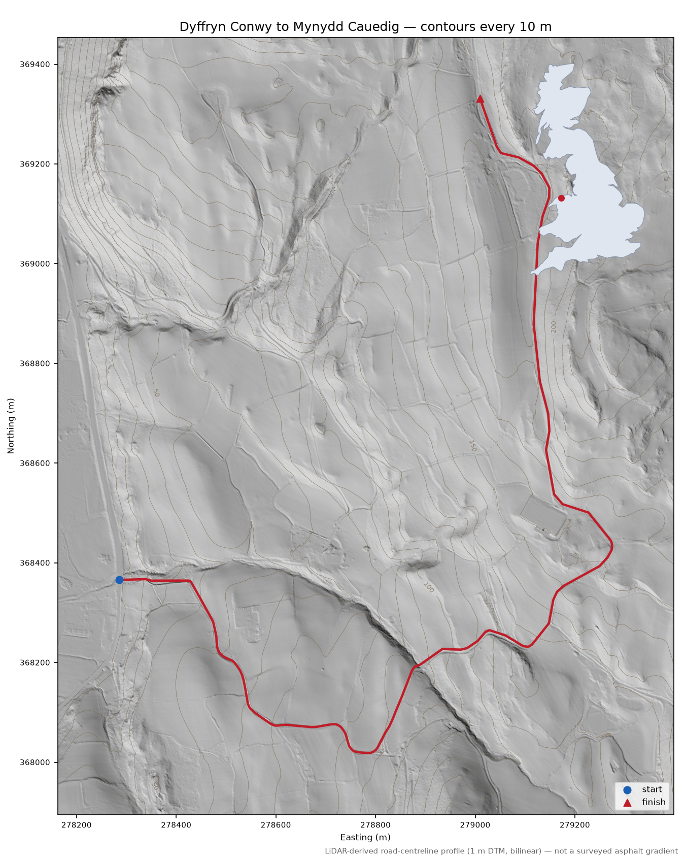 Dyffryn Conwy to Mynydd Cauedig LiDAR hillshade map with contours