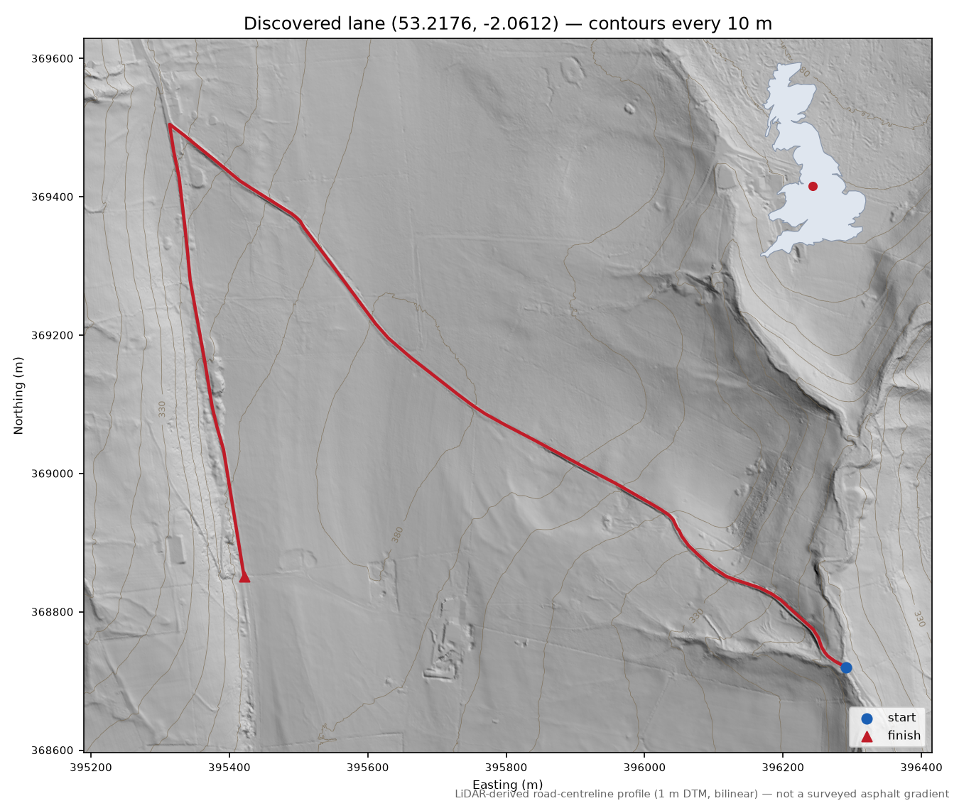 Lane near Rabb Clough LiDAR hillshade map with contours