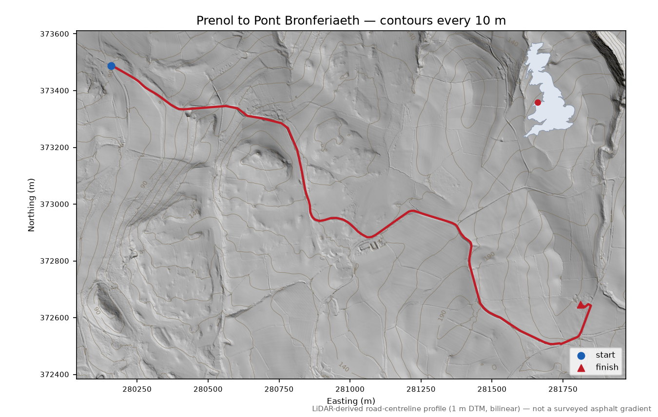 Prenol to Pont Bronferiaeth LiDAR hillshade map with contours