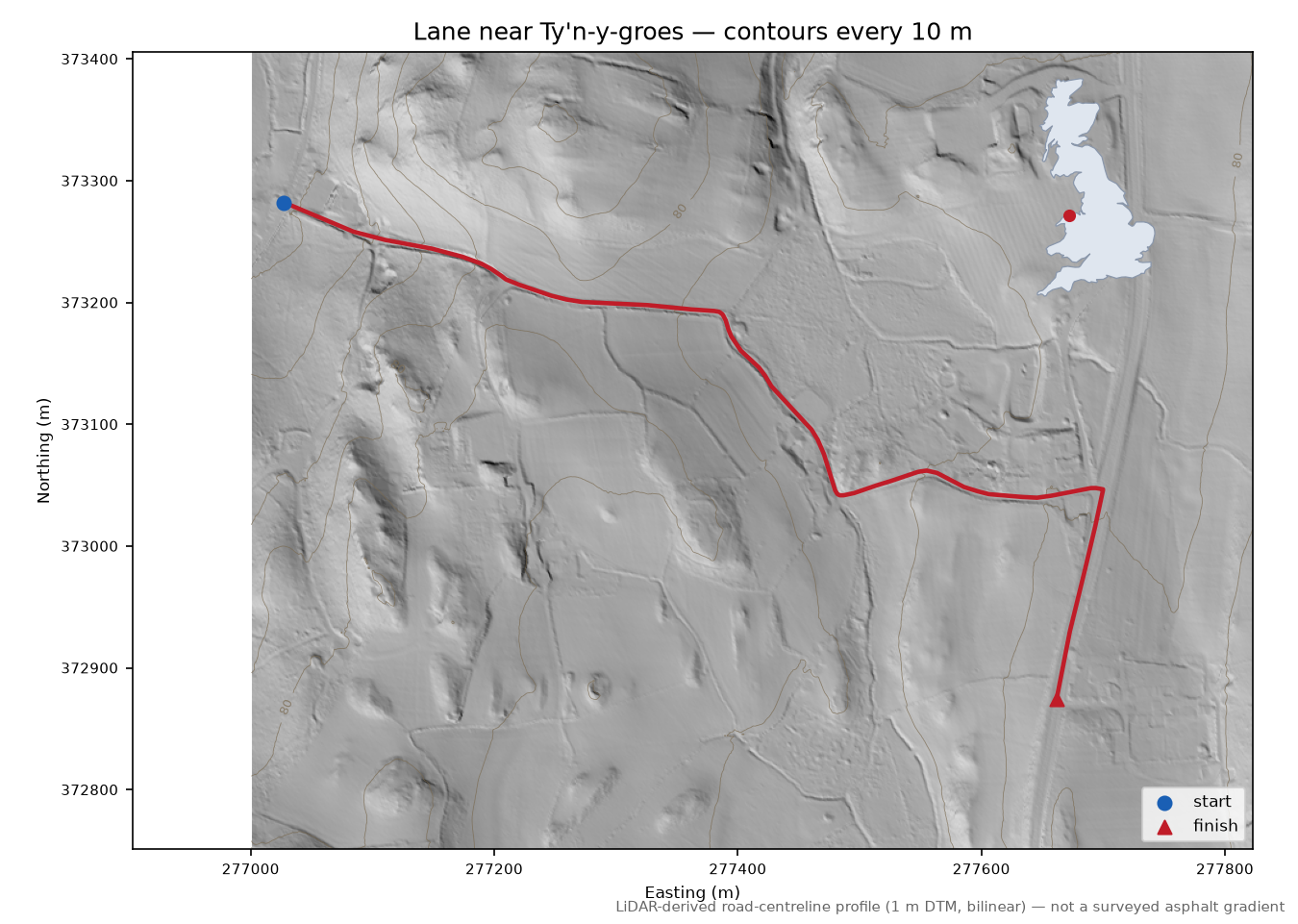Lane near Ty'n-y-groes LiDAR hillshade map with contours