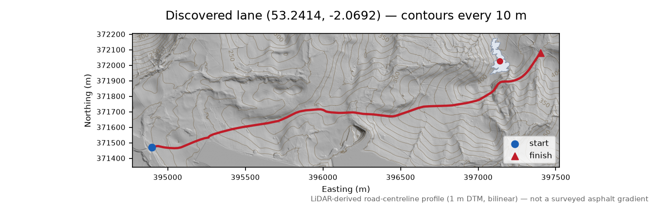 Langley to Toot Hill LiDAR hillshade map with contours