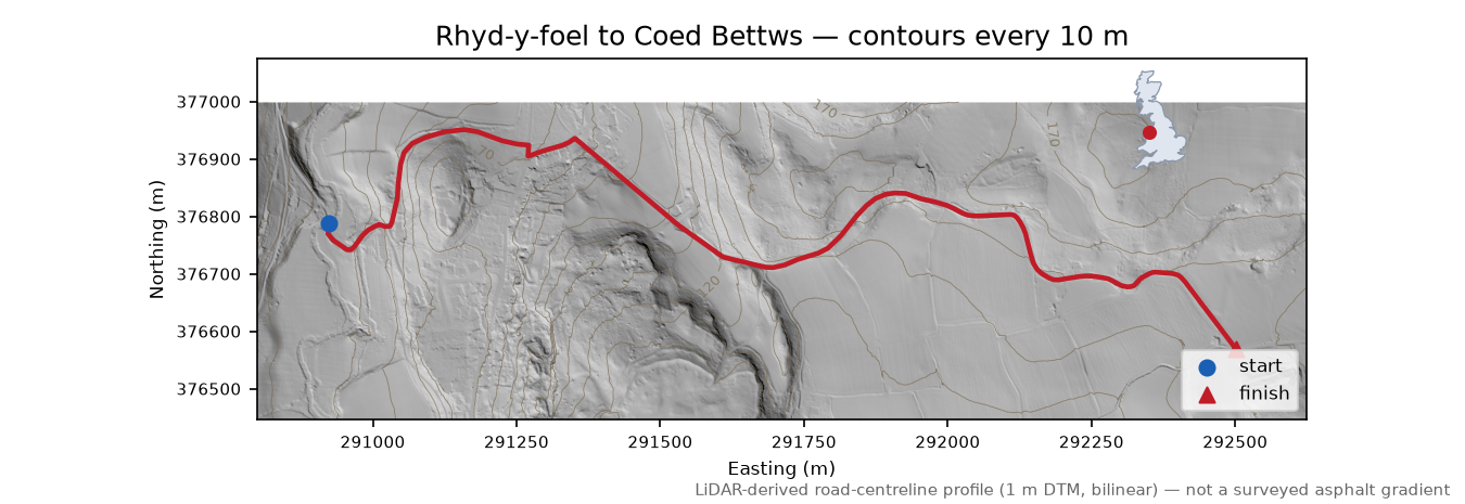 Rhyd-y-foel to Coed Bettws LiDAR hillshade map with contours