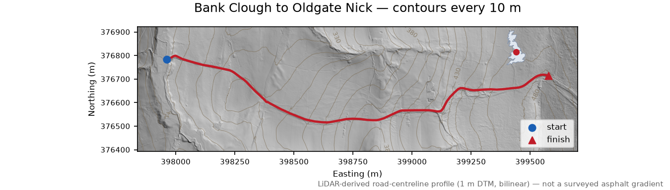 Bank Clough to Oldgate Nick LiDAR hillshade map with contours