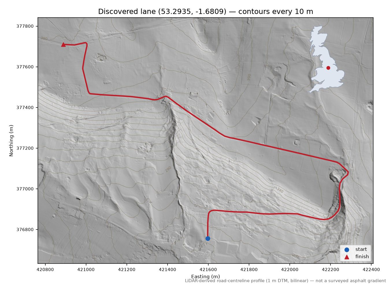 Eyam to Broad Law LiDAR hillshade map with contours