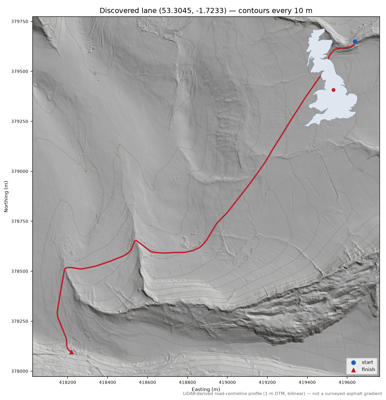Abney to Grindlow LiDAR hillshade map with contours