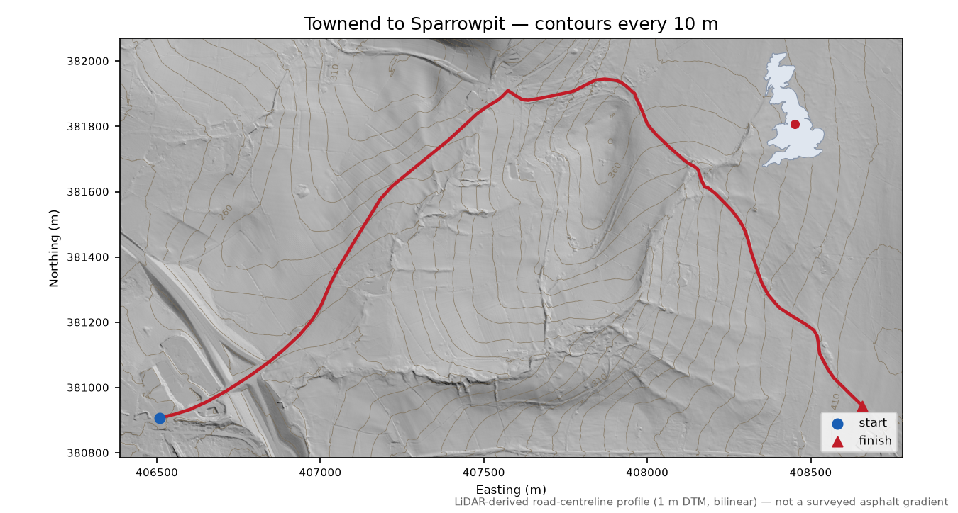Townend to Sparrowpit LiDAR hillshade map with contours