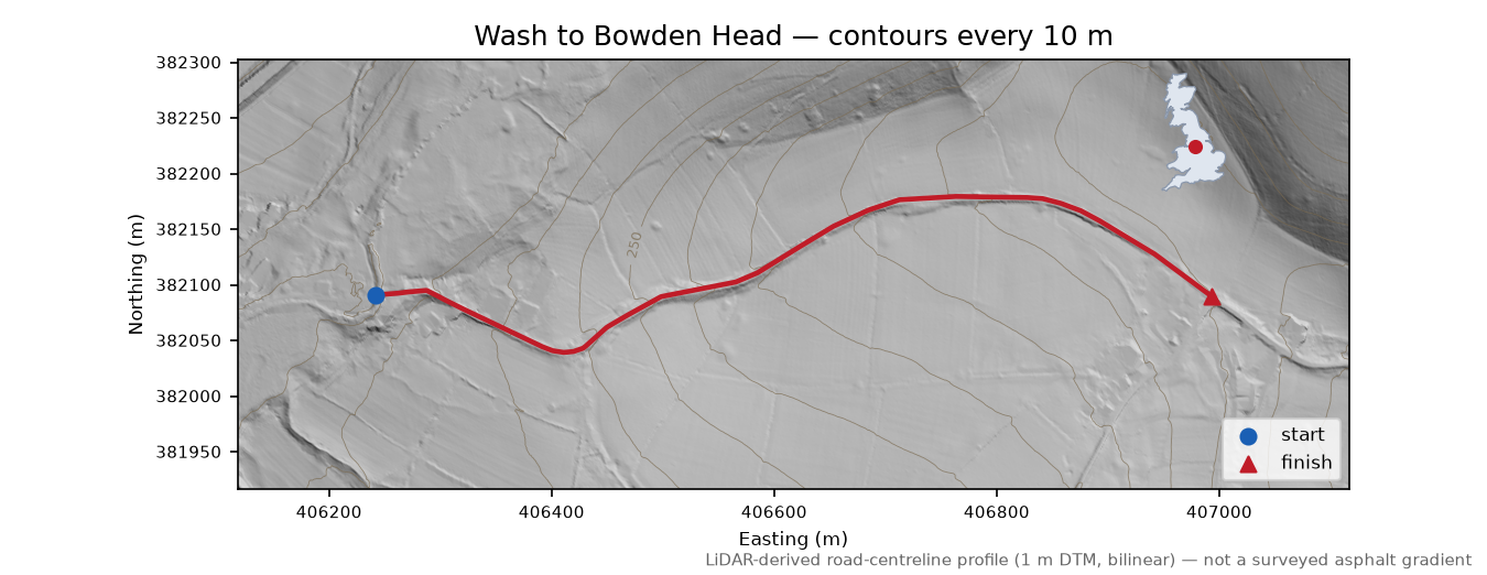 Wash to Bowden Head LiDAR hillshade map with contours