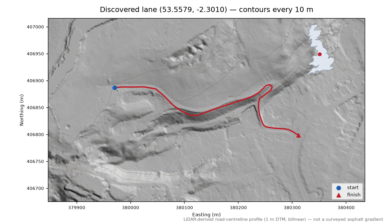 Lane near Lily Hill LiDAR hillshade map with contours