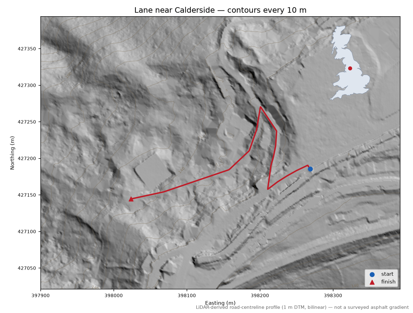 Lane near Calderside LiDAR hillshade map with contours